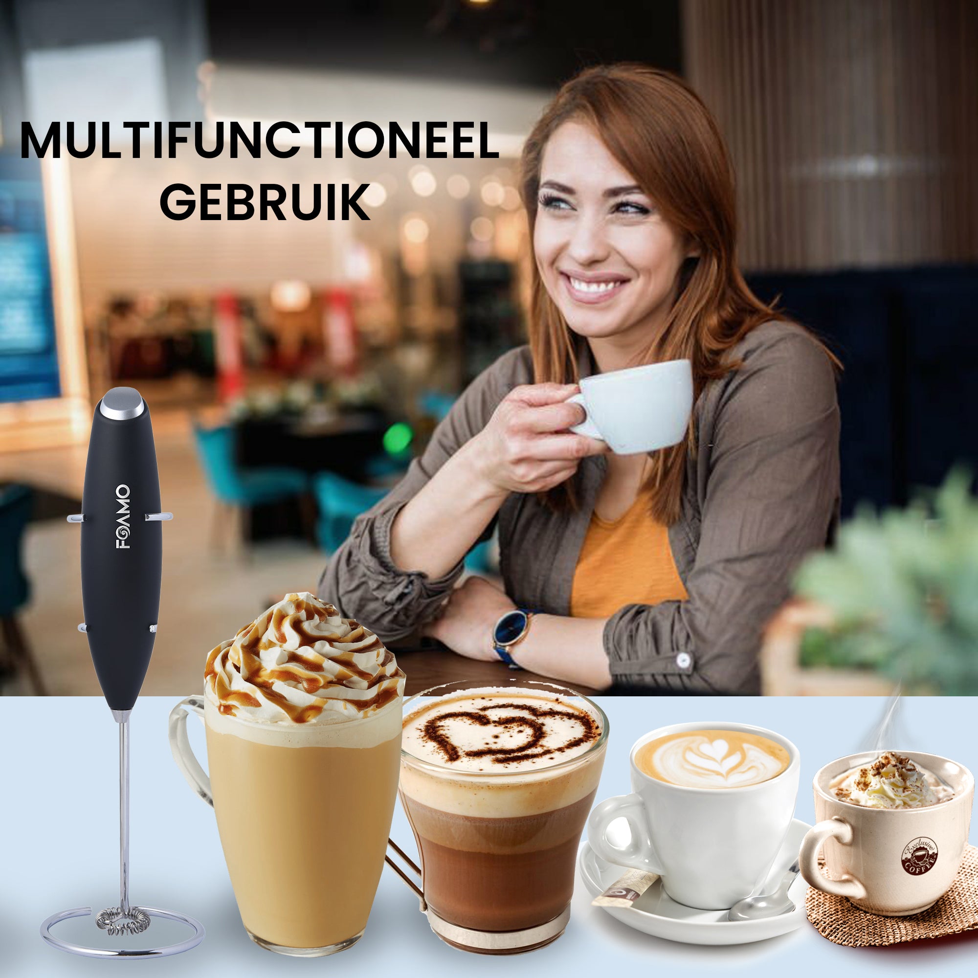 Foamo Melkopschuimer naast diverse koffiespecialiteiten, ideaal voor multifunctioneel gebruik.