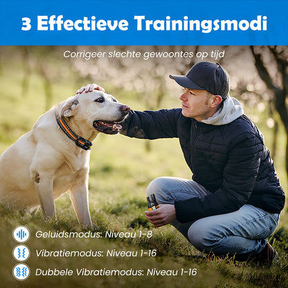 Trainer met hond, gebruikmakend van Anti Blafband Deluxe met geluids- en vibratiemodi.