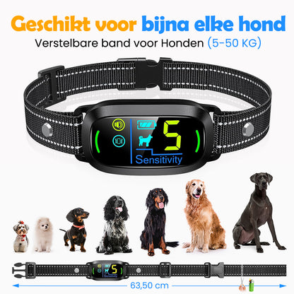 Anti Blafband Smart met verstelbare band en afbeeldingen van verschillende hondenrassen (5-50kg).