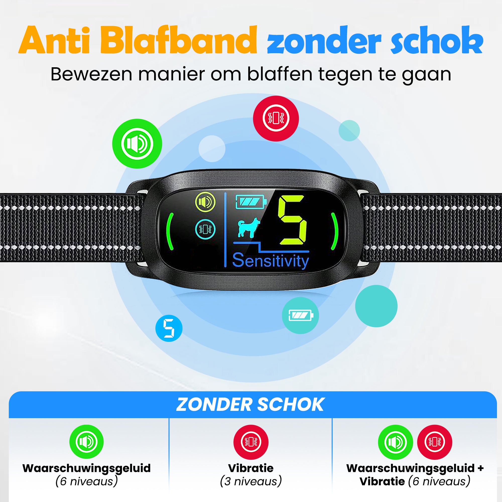 Close-up van de Anti Blafband Smart met geluid- en vibratie-instellingen, volledig diervriendelijk zonder schokfunctie.