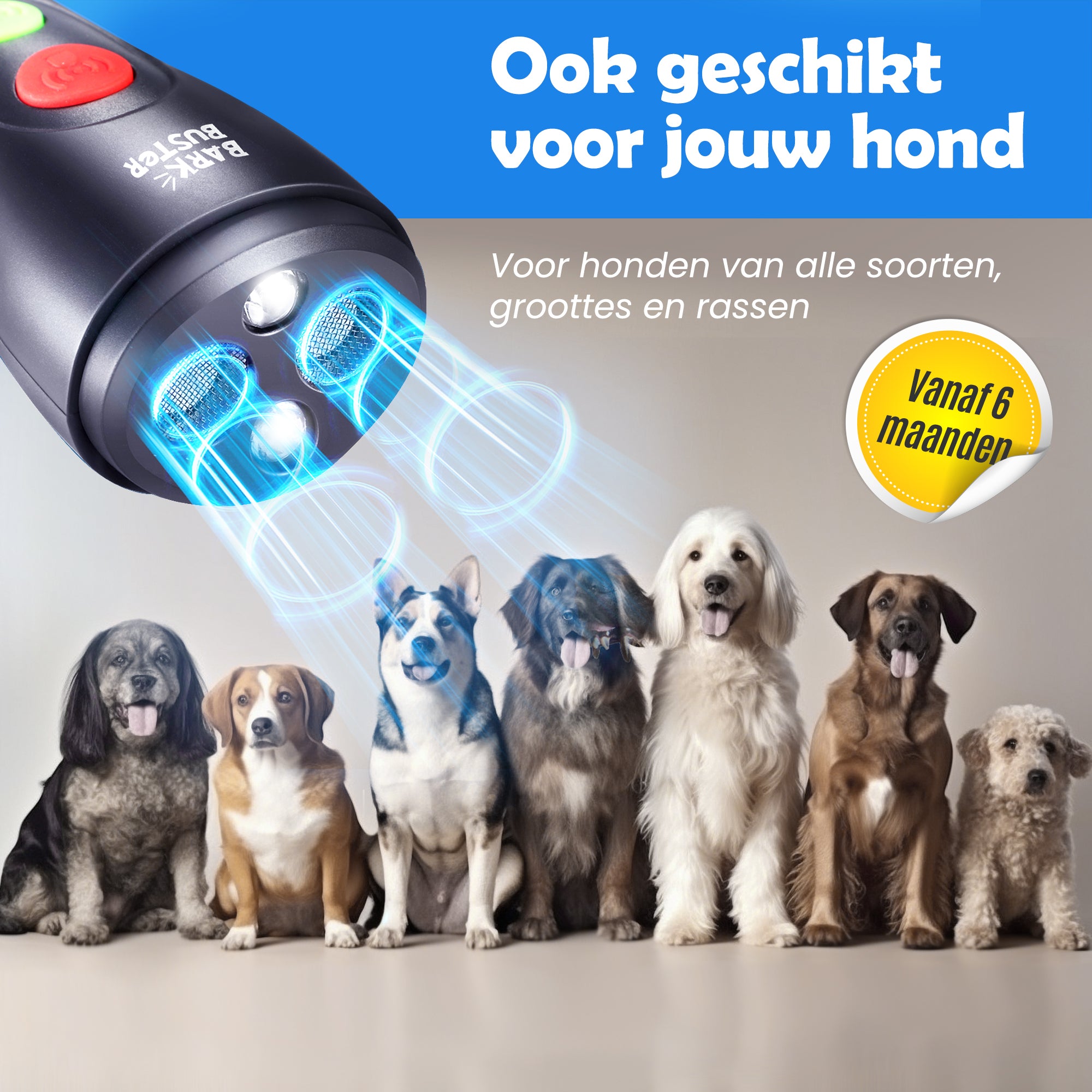 Groep honden met BarkBuster Anti Blaf Ultrasoon, geschikt voor honden vanaf 6 maanden