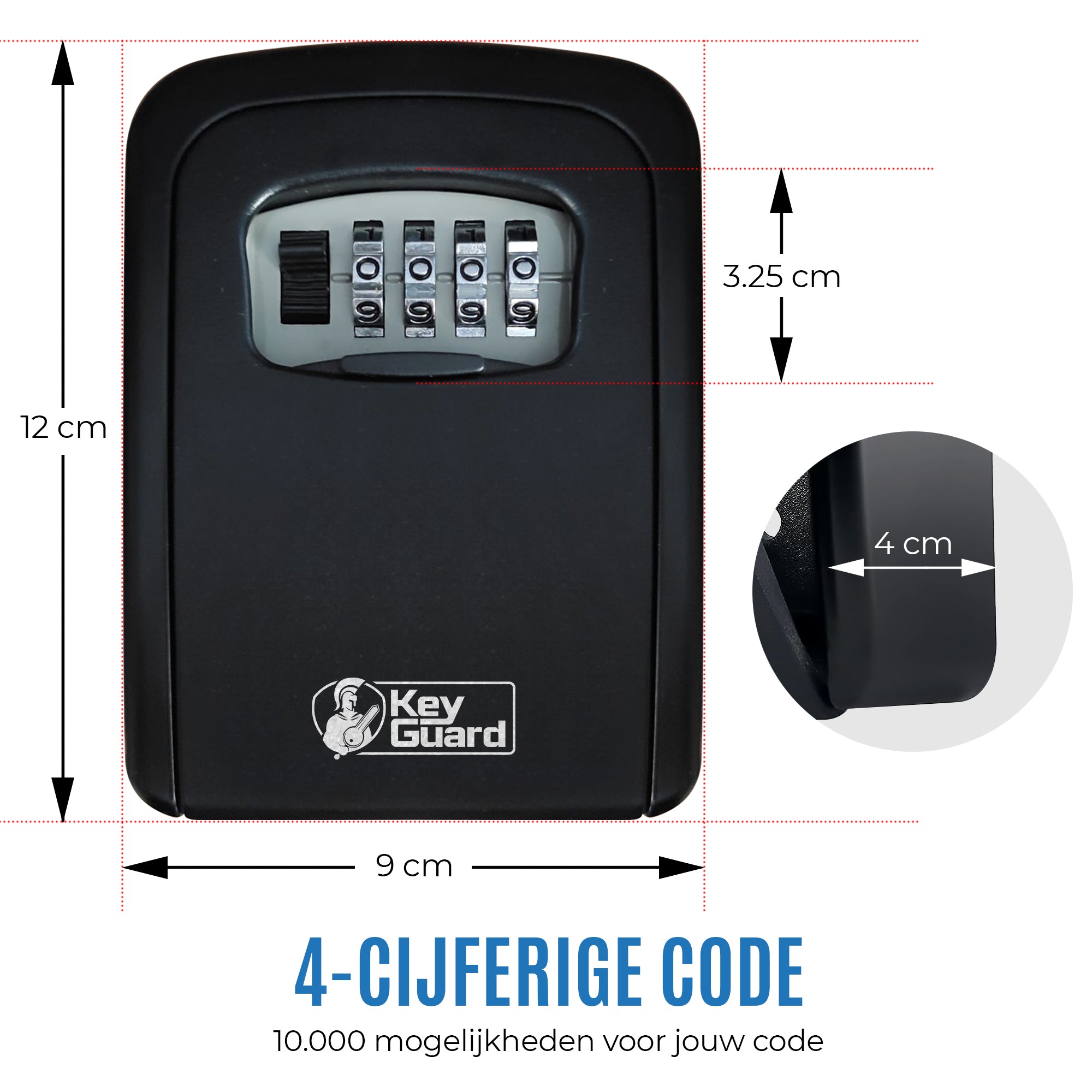 Sleutelkluisje Pro van KeyGuard met 4-cijferige code en afmetingen 12x9x4 cm.