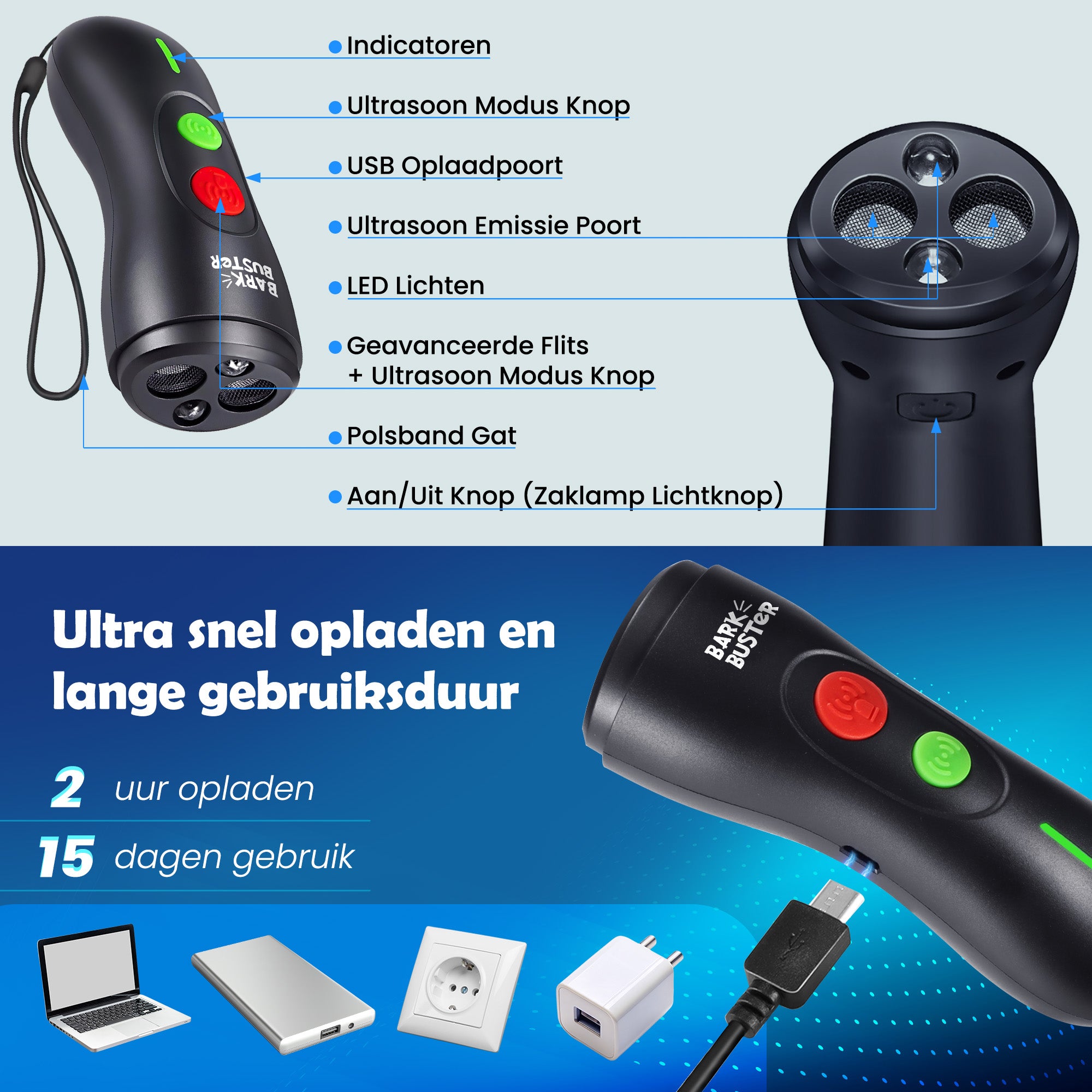 BarkBuster Anti Blaf Ultrasoon met USB-oplaadfunctie en 15 dagen gebruiksduur.