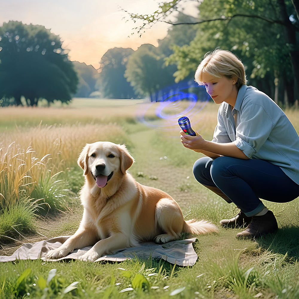 Een vrouw gebruikt de Anti Blaf Ultrasoon tijdens een training in een park met haar hond, zonder stress.