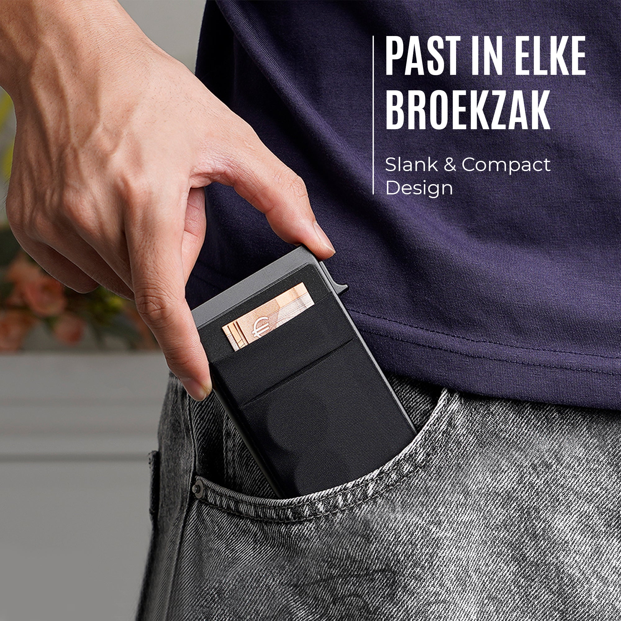 EliteWallets pasjeshouder Classic, compact en ontworpen om gemakkelijk in elke broekzak te passen.